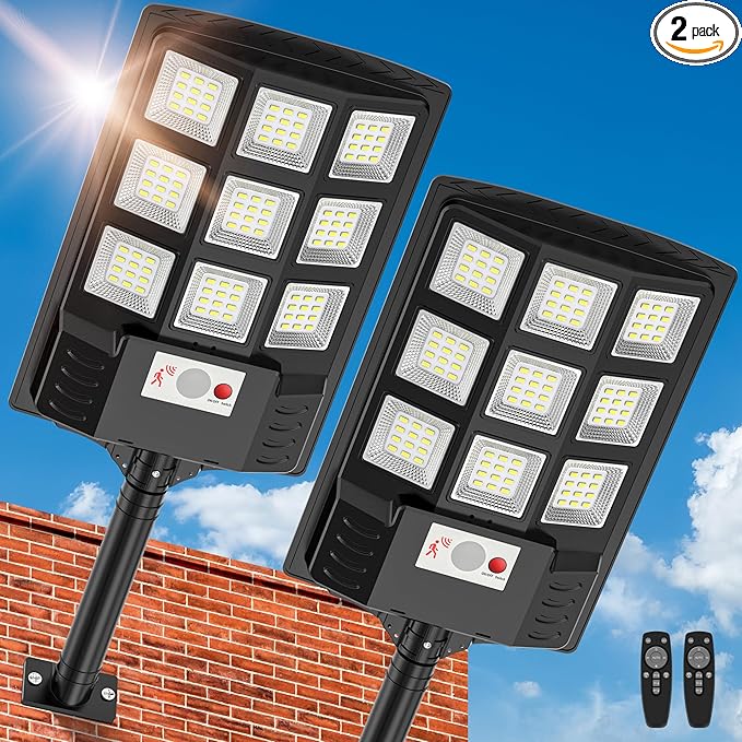 Solar Lights Outdoor,IP66 Waterproof Solar Street Lights Outdoor,6500K LED Dusk to Dawn Security Flood light with Motion Sensor and Remote Control for Yard,Parking Lot, Courtyards,Garages 2-Pack