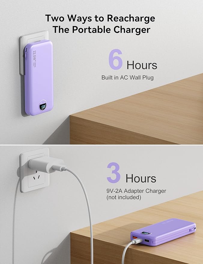 Ultra-Portable-Charger-Power-Bank with Built in Cables&AC Wall Plug,12000mAh PD20W USB-C Fast Charging Cell Phone Charger Battery Pack,LED Display Travel Battery Bank for All iPhone,Samsung,Android
