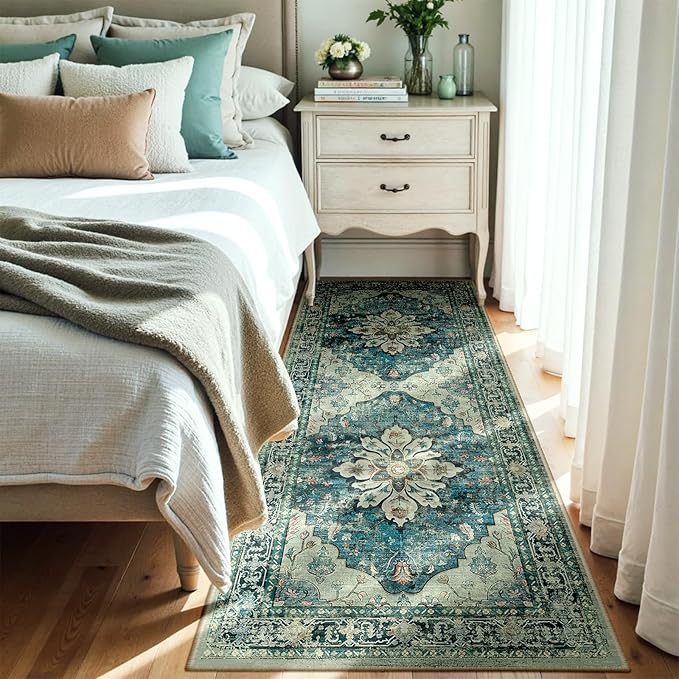 Area Rugs 3'x6' Washable Non-Slip, Floral Vintage Distress Print Pattern Medallion Carpet for Living Room Bedroom Dining Room, Dark Blue Vintage