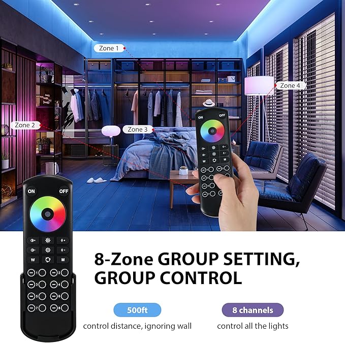 XXK RC05RFB RF Remoter, 8-Zone 2.4G Handheld RF Remote Control Compatible with RGBCCT RGBW CCT RGB LED Controller, 500ft Wireless Control 8 Channel Group Control for Home RGBCCT LED Strip Lights