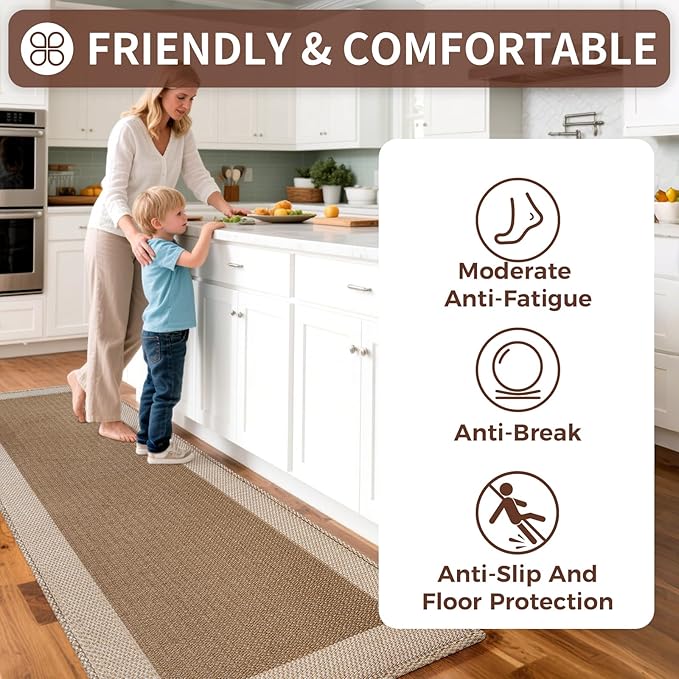Kitchen Mats for Floor, Super Absorbent Kitchen Rugs Non Slip Washable, Soft Linen Braided Kitchen Runner Rug, Standing Mat Kitchen Sink Mat, Easy to Clean, Brown 17x47