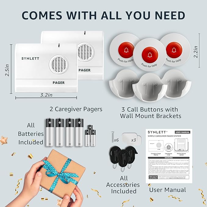 SYNLETT Caregiver Pager Wireless Nurse Call Button for Elderly Home Monitoring Alert System Portable Alarm Bell Seniors Patients Emergency 3 Call Buttons, 2 Pagers