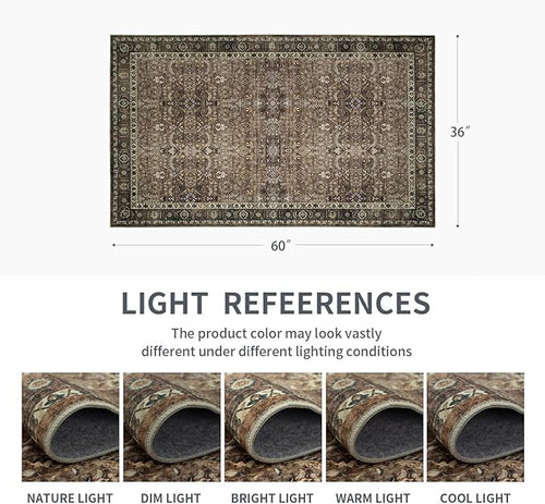 3x5 Vintage Washable Area Rug for Living Room,Low Pile Non Slip Carpet Non-Shedding Small Area Rug Soft Indoor Stain Resistant Rug Floral Print Mat for Bedroom Dining Room Brown Floral