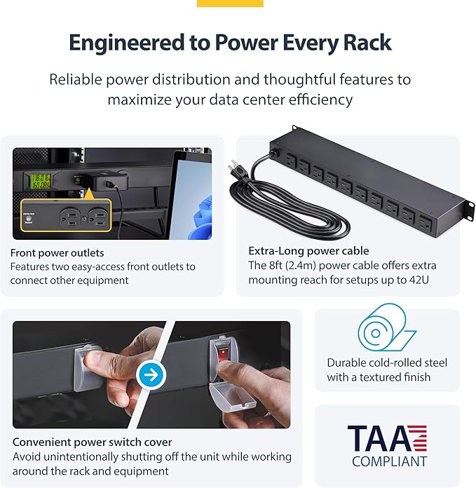 StarTech.com 12-Outlet Horizontal Rack Mount Metered PDU, 1U Server Power Strip w/Surge Protector, 8ft/2.4m Power Cable, TAA
