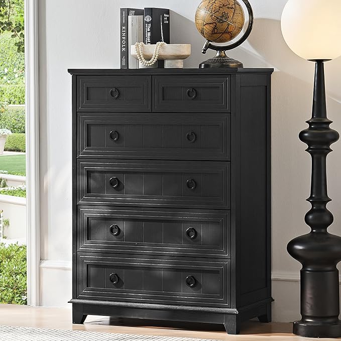 Bedroom Dresser and Nightstand Sets 4 Piece, Farmhouse 6 Drawers Dresser & 40.5" Tall Chest of Drawers, 18" Nightstands Set of 2, 54" Wide Furniture Dressers for Bedroom, Living Room, Black