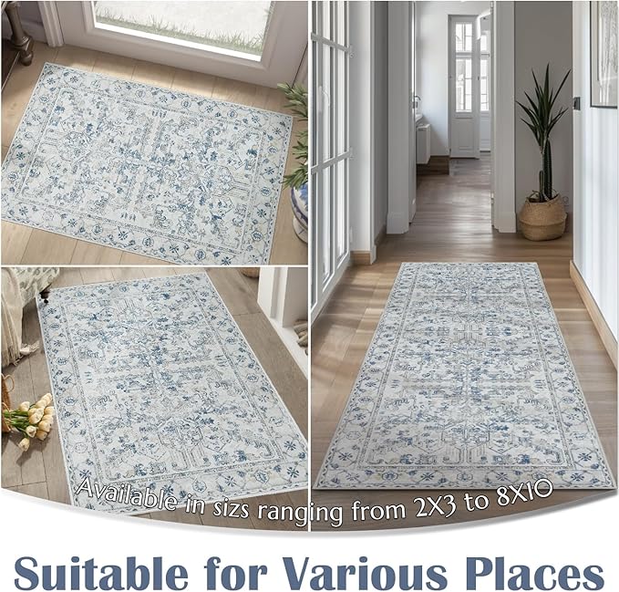 jinchan Lima 6x9 Area Rug for Living Room Washable Soft Throw Rug Ultra-Thin Stain Resistant Non-Slip Distressed Vintage Floral Large Carpet for Bedroom Dining Room Home Office Nursery (6x9ft, Blue)