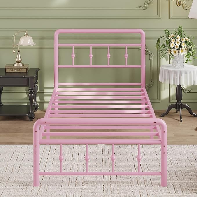 12 Inch Twin Bed Frames with Headboard and Footboard, Heavy Duty Twin Metal Mattress Foundation No Box Spring Needed, Noise Free, Easy Assembly, Pink