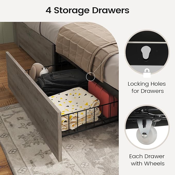 AOGLLATI Farmhouse Full Size Bed Frame with 4 Storage Drawers and Charging Station, Wooden Full Bed Frame with Hidden Space Bookcase Headboard and Led Lights & Metal Slats, Gray