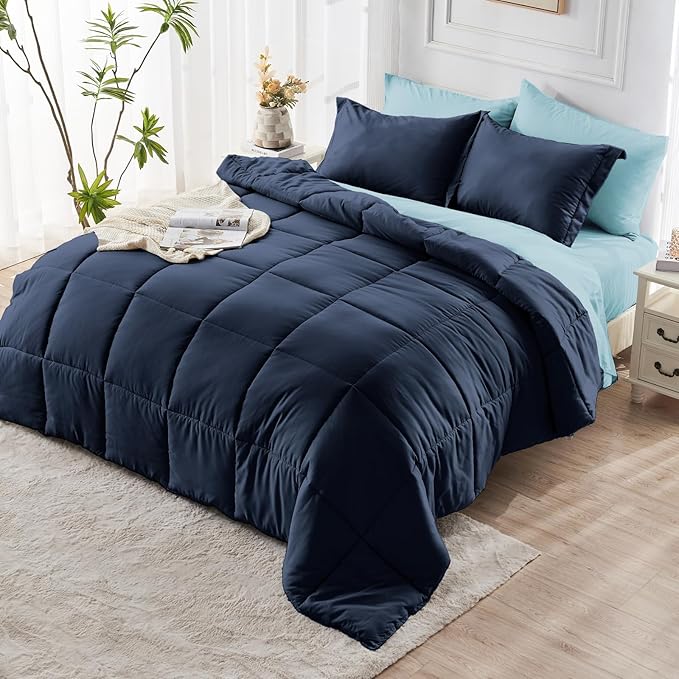 JOLLYVOGUE Twin XL Comforter Set, Ultra-Soft Bed in a Bag Twin XL Size 5 Pieces, Oeko-TEX Certified Bedding Set with Down Alternative Comforter, Sheets, Pillowcases & Shams, Navy & Light Blue
