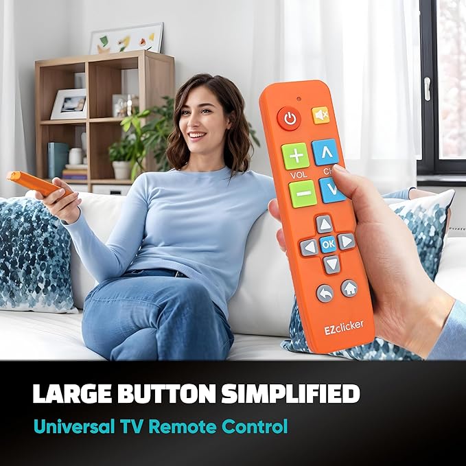 EZclicker Big Button Universal TV Remote (Orange) Simple Easy to Use, Great for Seniors, Works with Major TV Brands (2xAAA Batteries Not Included)