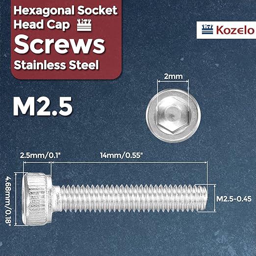 Kozelo 50pcs Socket Head Cap Screws - [M2.5-0.45 x 14mm] 304 Stainless Steel Allen Socket Drive for Electrical Motor 3D Printing Fan Engine Replacement Use, Silver