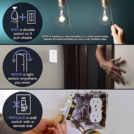 RunLessWire Fan & Light Battery-Free DIY Wireless Light Switch Kit 150ftRF Range Kinetic for Bathrooms & Ceiling Fans: 1 Dual Remote Switch Controls 2 5A On/Off Receivers Separately – Ivory