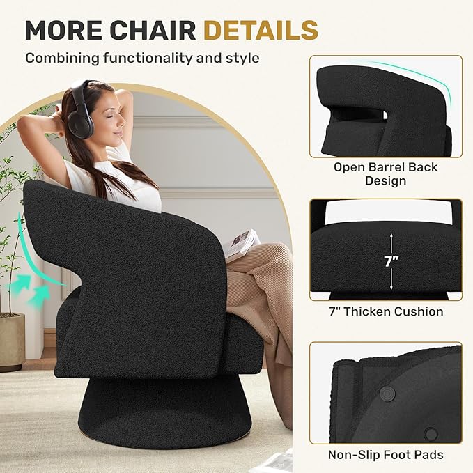 Swivel Accent Chair, Modern Comfy Teddy Barrel Chairs, Oversized Upholstered Round Arm Chair for Living Room, Bedroom, Reading Room, Black, 1 PCS