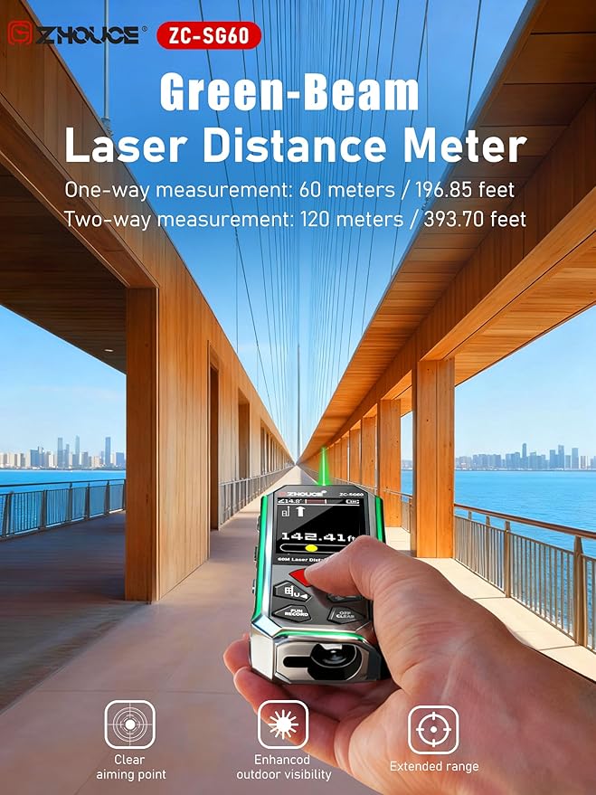 ZC-SG60 Dual Laser Measuring Tool, 196Ft Green-Beam Bilateral Digital Laser Distance Measure 6 Units Ft/in/M, Rechargeable Laser Measurement Tool -Backlit LCD Display, Length/Area/Volume/Angle Sensor