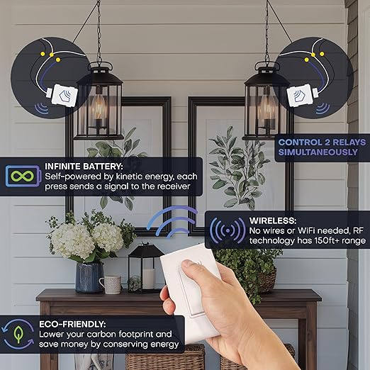 RunLessWire 2 Fixture Battery-Free DIY Kinetic Wireless Light Switch Kit 150ft RF Range for Different Fixtures or Outlets: 1 Remote Switch Controls 2 5A On/Off Receivers Simultaneously – White