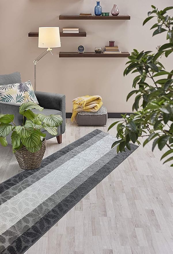 Custom Length Hallway Runner Rug,Slip Resistant,Flower Grey, 26 Inch X 34 feet, Sold and Priced Per Foot