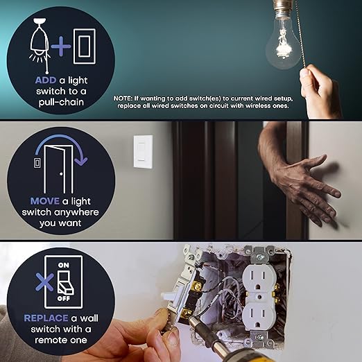 RunLessWire 2 Fixture Battery-Free DIY Kinetic Wireless Light Switch Kit 150ft RF Range for Different Fixtures or Outlets: 1 Remote Switch Controls 2 5A On/Off Receivers Simultaneously – Gray