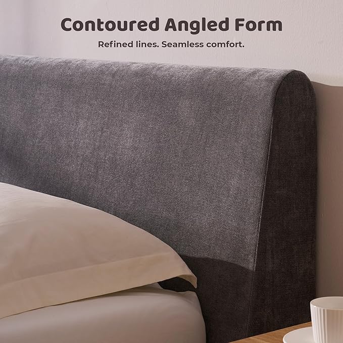 RECCI Cloud Full Size Bed Frame with Ergonomic Angled Foam Cushioned Headboard, Minimalist Design Platform Bed Frame, No Box Spring Needed, Easy Assembly (Moon Grey)