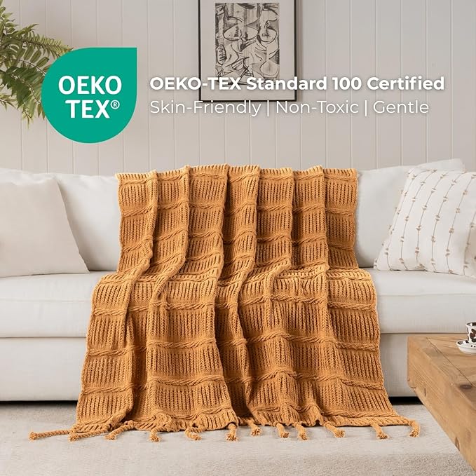 Boho Knitted Chenille Blanket with Tassels - Lightweight & Soft All-Season Throw - 3D Classic Pattern for Living Room Bedroom Couch, Amber Brown, Throw 50"x60"