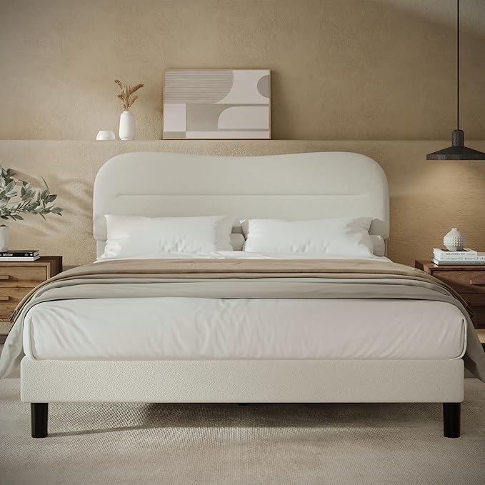Queen Size Bed Frame with Headboard, upholstered Bed Frame Queen Size, Teddy Soft Boucle Fabric, Soft Cloud Marshmallow Shape Headboard, No Box Spring Needed, Noise Free (White)