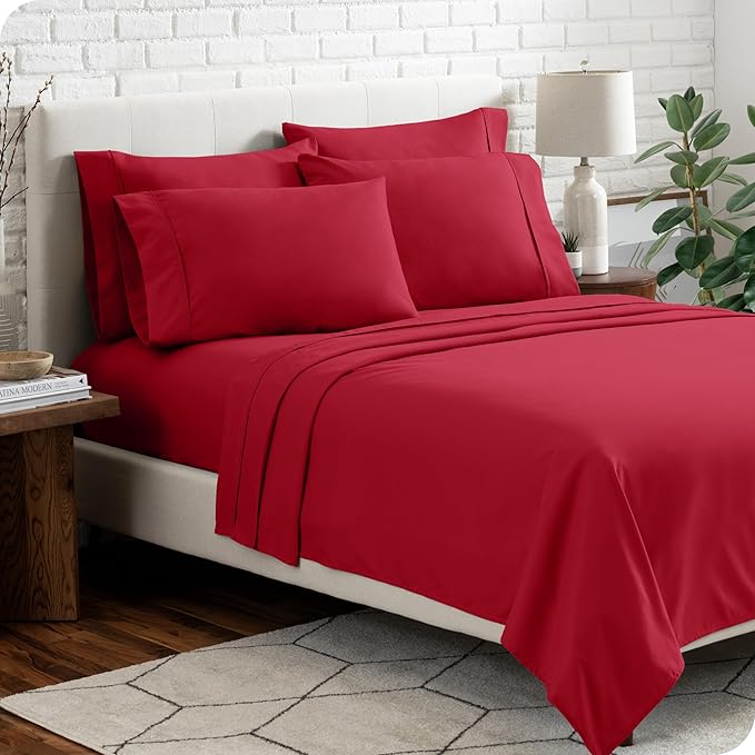 Bare Home Hotel Luxury Twin XL Sheet Set, Extra Soft - 4 Piece Set - Deep Pockets - Easy Fit - Cooling & Breathable - Wrinkle, Fade, Stain Resistant - Includes 2 Pillowcases (Twin XL, Red)