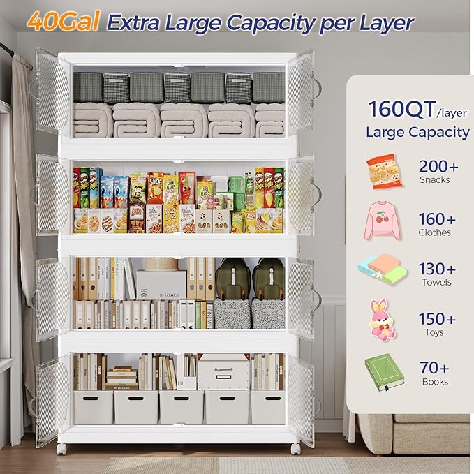 960QT Plastic Stackable Storage Bins with Lid, 240GAL Extra Large Collapsible Box with Wheels Clear Door, Foldable Closet Organizer Container Cabinet Drawer for Home Kitchen，6Pack, White