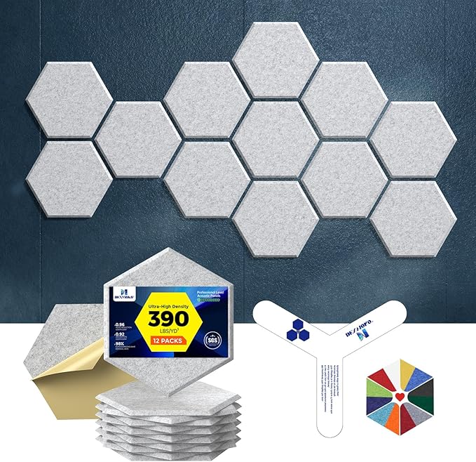 Pro-Level Self Adhesive Acoustic Panels,2nd Generation Sound Absorbing Panel,Soundproof Wall Panels,Sound Dampening Panels,Polyester Foam Reducing Noise and Echoes,Silver Grey (HEXAGON 03)