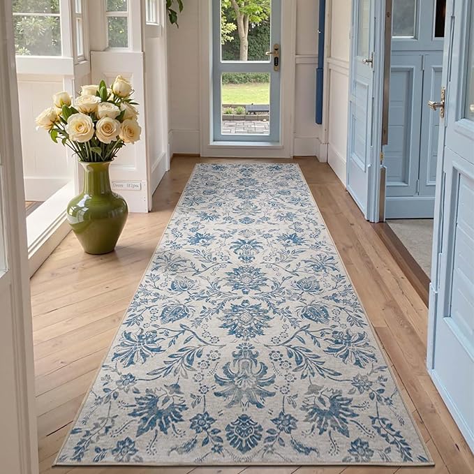 jinchan Torino Runner Rugs 3x10, Vintage-Inspired Floral Design Machine Washable Non-Slip Ultra-Thin Low-Pile Rubber Backing Traditional Rug for Kitchen Hallway Laundry Room Entryway Dark Blue