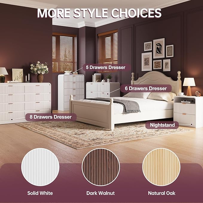 FURSUN Fluted 5 Drawers Dresser for Bedroom, 48" Tall Wooden Modern Dresser with Metal Handle, Curved Profile Design, Storage Organizer for Bedroom, Living Room, Hallway, White
