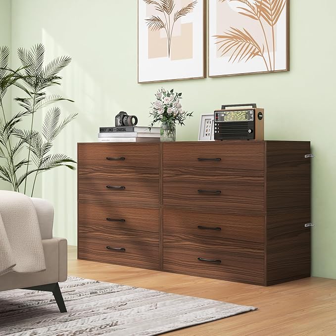 Giantex Stackable 2-Drawer Dressers for Bedroom - Short Dresser Two Drawer Storage Cabinet w/Handles & Anti-Topping Device, Small Dresser Chest of 2 Drawers for Closet Bedroom (1, Walnut)