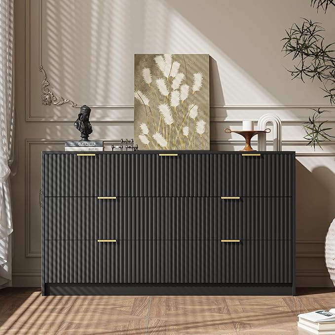 Black 7 Drawer Dresser for Bedroom, 55.9" Wide Modern Fluted Dresser with Gold Metal Handles, Wide Chest of Drawers for Bedroom, Living Room, Entryway, Hallway