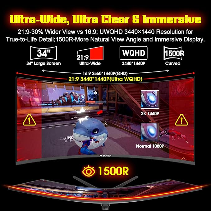 SANSUI 34 Inch 240Hz Ultrawide Curved Gaming Monitor UWQHD 3440×1440, 21:9 2K Curved Monitor 1500R,HDR400,Fast VA, PIP/PBP,AI Crosshair,AIPQ(Visual Enhance),MPRT 1ms,HDMI2.1*2,DP1.4*2(DP Cable Incl.)