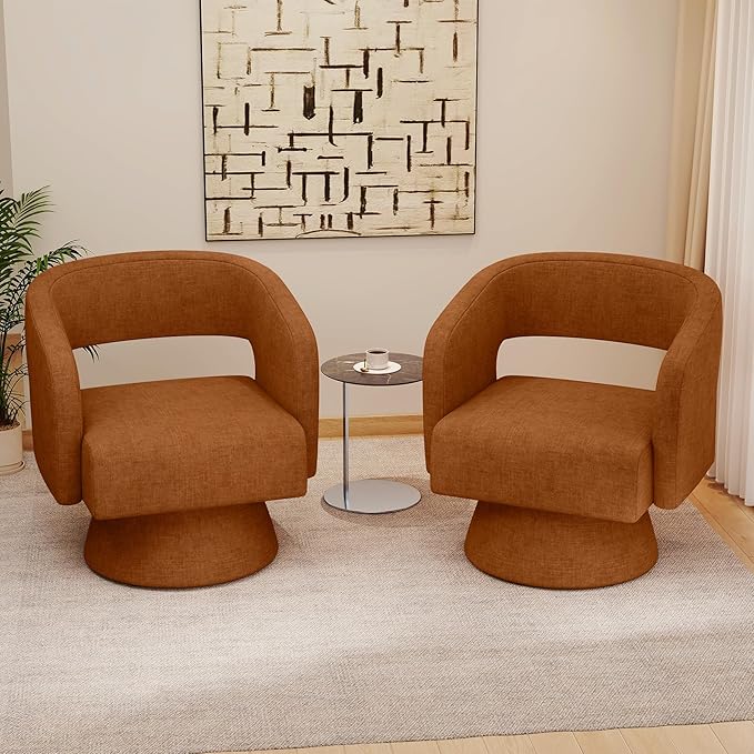 Swivel Accent Chair, Modern Comfy Chenille Barrel Chairs, Oversized Upholstered Round Arm Chair for Living Room, Bedroom, Reading Room, Caramel, 1 PCS