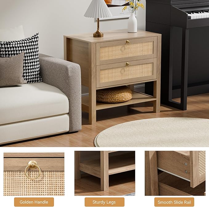 Rattan Nightstand Set of 2 with 2 Drawers and Storage Shelf, 26” Tall Wide Night Stand, Wood Large Bedside Table for Bedroom, Side Table, Carbon Cherry