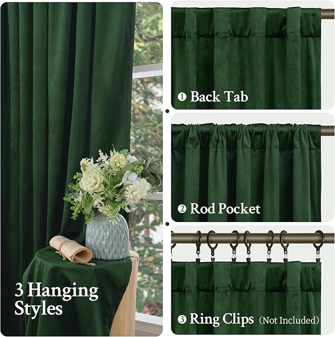 LAMIT Velvet Curtains 108 Inch for Living Room, Thermal Room Darkening Panels Noise Reducing Back Tab and Rod Pocket Christmas Drapes for Bedroom, Set of 2 Panels, Emerald Green, 52 x 108 Inch