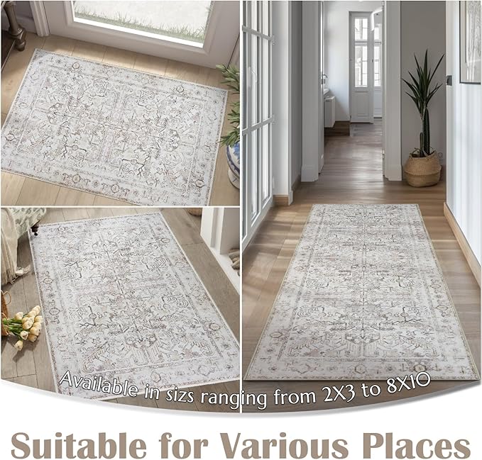 jinchan Lima Kitchen Runner Rug 3x10-2pcs, Bohemian Hallway Washable Rug Floral Non Slip with Rubber Backing Vintage Carpet Runner for Bedroom Bathroom Laundry Room Living Room Taupe