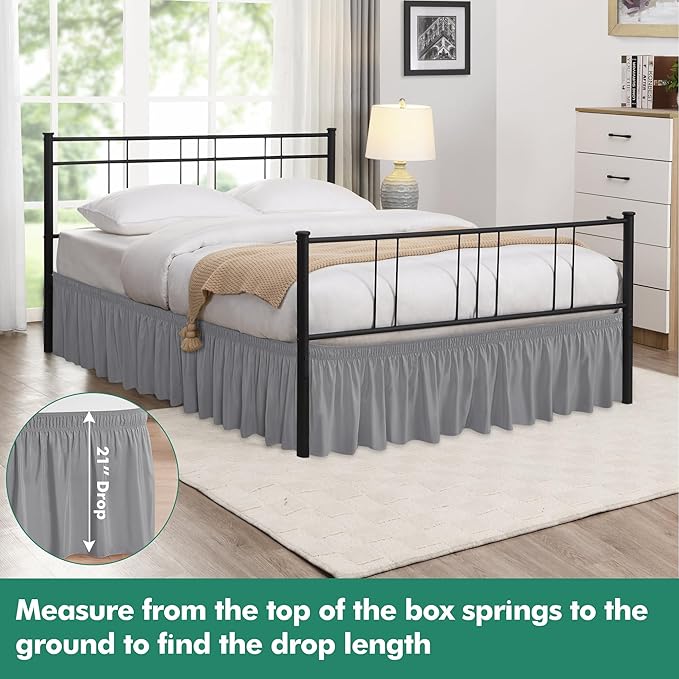 Biscaynebay Wrap Around Bed Skirts with Split Corners for King Beds 21" Drop, Silver Grey Elastic Dust Ruffles Easy Fit Wrinkle & Fade Resistant Silky Luxurious Fabric Solid Machine Washable