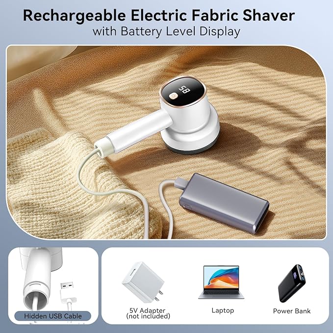 Smyeviva Rechargeable Fabric Shaver for Clothes: 6-Leaf Blades & 3 Speeds to Remove Pilling, Fuzz & Lint Balls - with LED Display, Portable Electric Lint Remover for Sweater, Couch, Blanket, Furniture