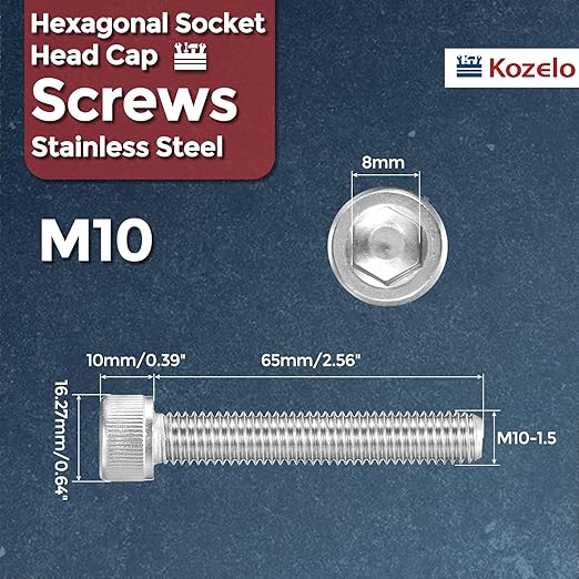 Kozelo 5pcs Socket Head Cap Screws - [M10-1.5 x 65mm] 304 Stainless Steel Allen Socket Drive for Electrical Motor 3D Printing Fan Engine Replacement Use, Silver