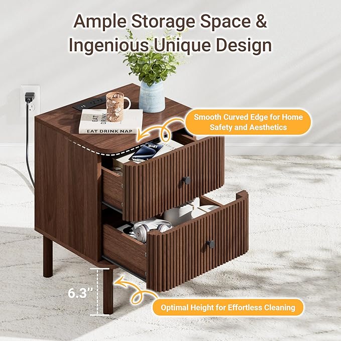 Night Stand with Charging Station, 18" Fluted Nighstand with Rounded Corners & Solid Wood Legs, 2 Drawers End Table with Storage, Mid Century Modern Bedside Table for Bedroom, Walnut