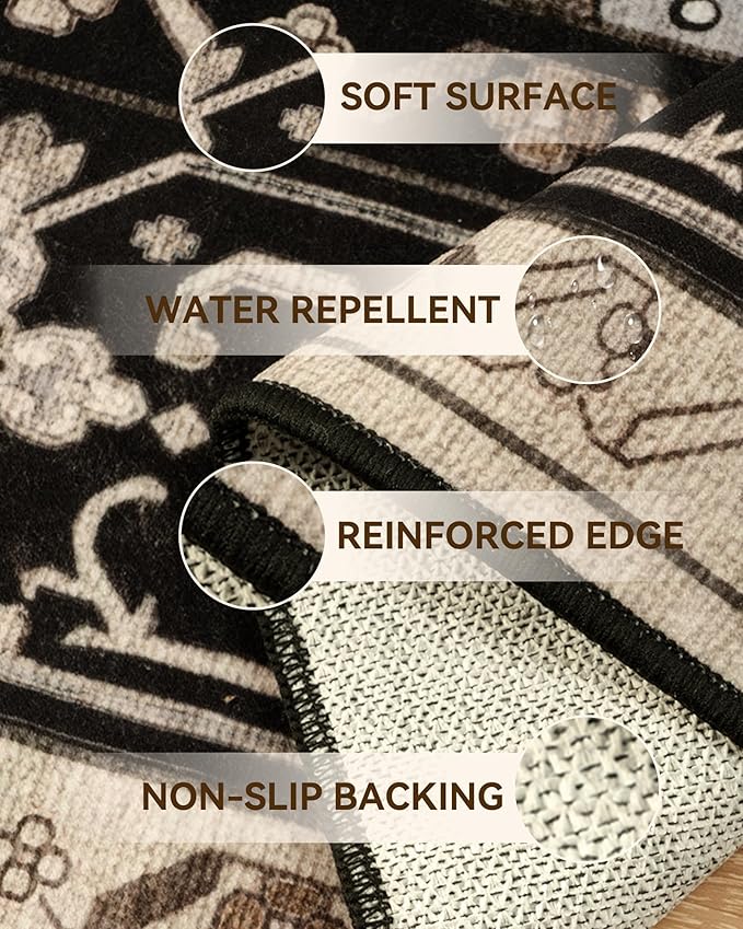 Area Rugs 8'x10' Washable Non-Slip, Floral Vintage Distress Print Pattern Medallion Carpet for Living Room Bedroom Dining Room, Black Brown Neutral Dark Tan