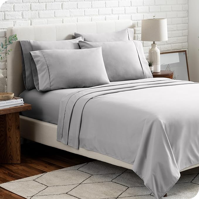 Bare Home Hotel Luxury Split King Sheet Set, Extra Soft, 7 Piece Set, Deep Pockets, Easy Fit, Cooling & Breathable, Wrinkle, Fade, Stain Resistant, Set Includes 4 Pillowcases (Split King, Light Grey)