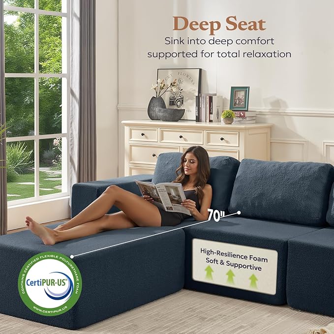 106" 3-Seater Sofa, Cloud Modular Sofa with Certified Foam, Upholstered Floor Sofa with Deep Seat, Upholstered Sofa for Bedroom Living Room, No Assembly Required (Teddy Boucle, Blue)