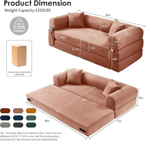 80" Convertible Sofa Bed, Corduroy Deep Seat Folding Pull Out Couch with Pillows, No Assembly Modern Boneless Couch Compression Sofa in Box, Floor Sofa with Storage Pocket for Living Room,Pink