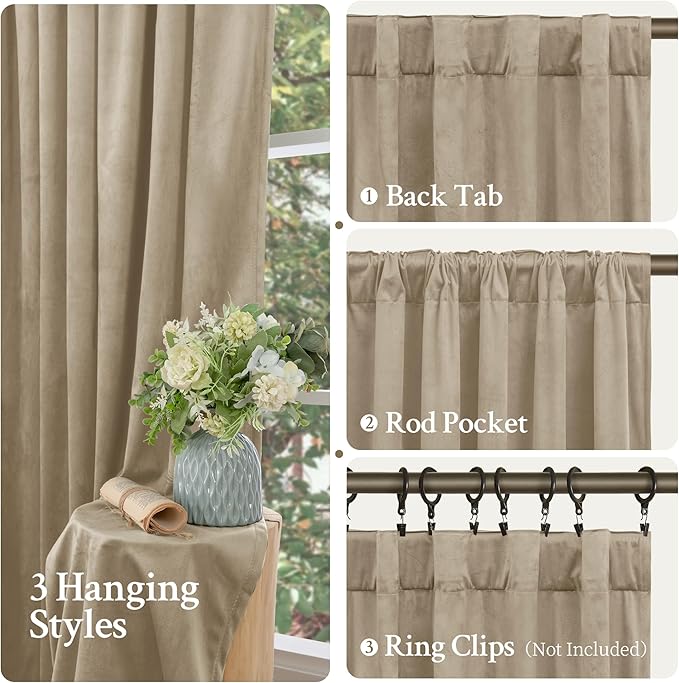 LAMIT Taupe Velvet Curtains for Living Room, 102 Inch Room Darkening Panels Thermal Insulated Back Tab and Rod Pocket Drapes for Bedroom/Sliding Glass Door, 2 Panels, 52 x 102 Inch