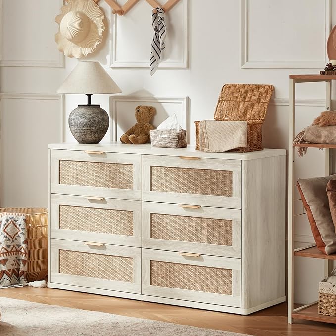 LEYAOYAO Rattan Dresser and Nightstand Set of 2, Boho Wood Dresser for Bedroom with 6 Drawers and Night Stand with 3 Drawer, Bedroom Furniture, Dressers & Chests of Drawers, Living Room, Hallway