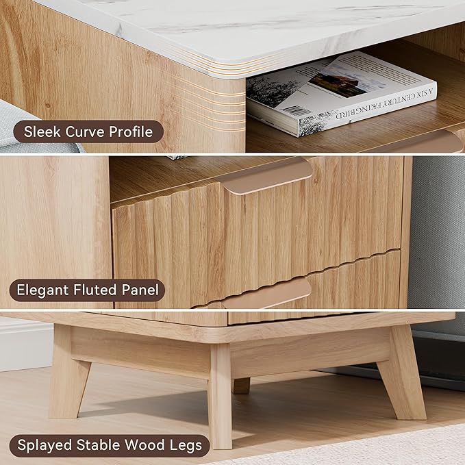 Fluted Nightstand Set of 2, 18" Modern Night Stand with Faux Marble Top, Open Storage Shelf, Fluted Bedside Table for Bedroom, End Table Side Table, Oak