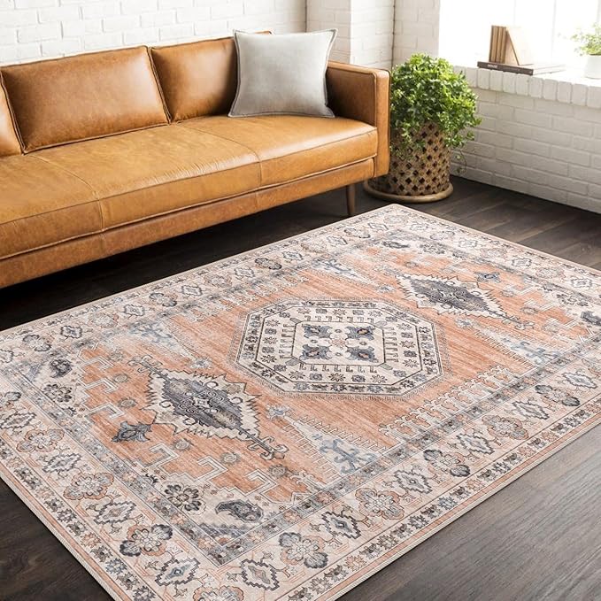 vivorug 9x12 Area Rugs for Living Room, Non Slip Machine Washable Vintage Rug, Ultra-Thin Lightweight Large Area Rug for Bedroom Nursery Dining Room, Low Pile Orange