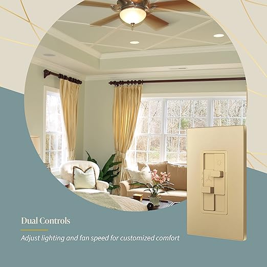 TOPGREENER Kalide Combo Dimmer Switch with 3-Speed Fan Control, Light and Fan Combination Switch, Single Pole, 2.5A, 200W LED/CFL, Neutral Wire Not Required, TGDSFS3-GD,Gold