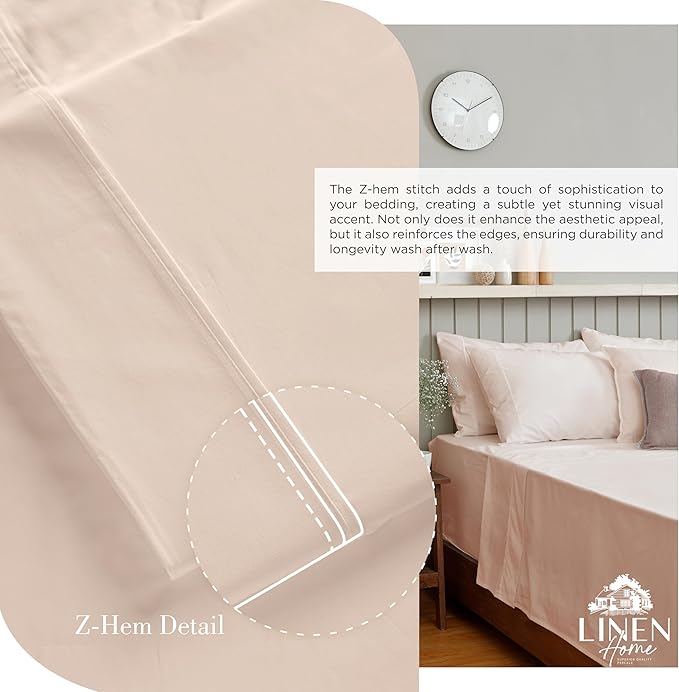 Linen Home 100% Cotton Percale Sheets King Size, Sand Shell, Deep Pocket, 4 Pieces Set - 1 Flat, 1 Deep Pocket Fitted Sheet and 2 Pillowcases, Crisp Cool and Strong Bed Linen